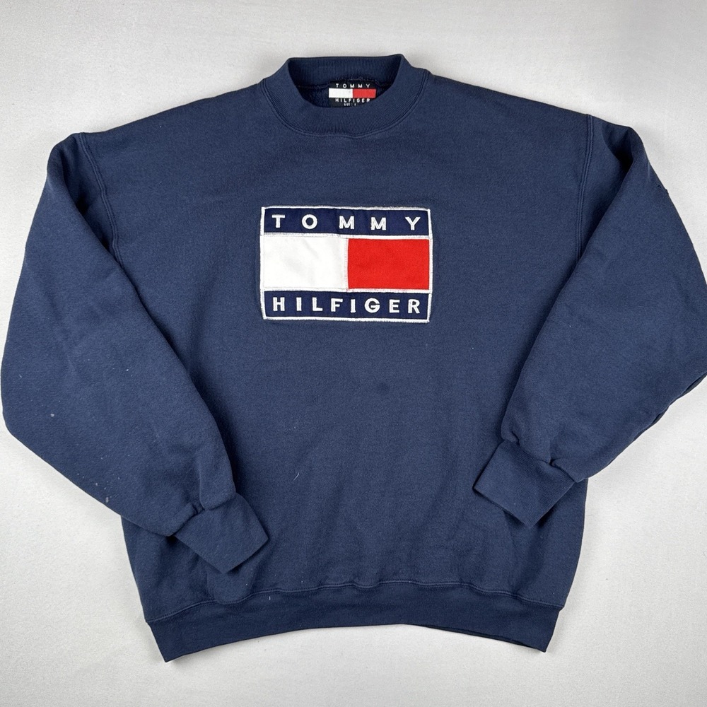 Vintage 90s Tommy Hilfiger Flag Logo Crewneck Sweatshirt Navy Spell Out Size L